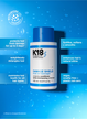 K18 Damage Shield hair product bottle on a blue background with text highlighting benefits.